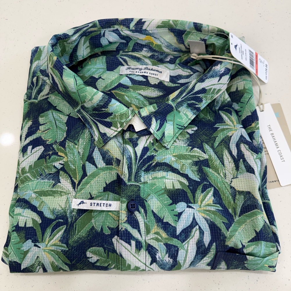 Tommy Bahama Green and Navy Tropical Stretch Camp Shirt